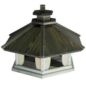 Drewniany karmnik dla ptaków w stylu pagody, szary i naturalny.