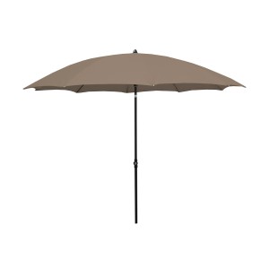 Beżowy parasol balkonowy t.b.t. do ochrony przed słońcem na balkonie.