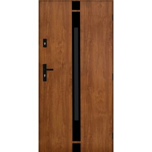 Brązowe drzwi zewnętrzne z czarnym paskiem i klamką.