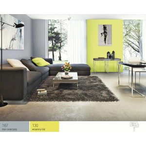 Salon z szarą kanapą i żółtą pomalowaną ścianą. Kolorowe farby do ścian t.b.t.