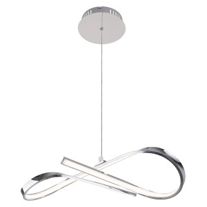 Nowoczesna lampa wisząca LED w chromowanym wyglądzie, zakrzywiony design do pomieszczeń mieszkalnych.
