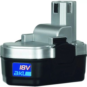 Akumulator 18V do elektronarzędzi. Srebrno-czarna obudowa.