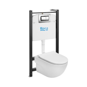 Zestaw WC podwieszanego ze spłuczką i czarną ramą montażową.