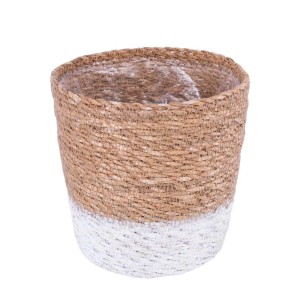 t.b.t. doniczka na zioła, wykonana z plecionego naturalnego materiału z białym akcentem kolorystycznym.