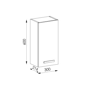 Rysunek techniczny: Szafka wisząca do zestawu mebli łazienkowych, wymiary 600x300x216 mm.