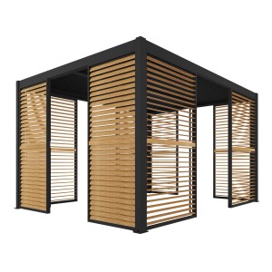 Nowoczesny pawilon z lamelowymi ścianami w kolorze drewna i czarną ramą.