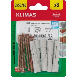Zestaw kołków Klimas ze śrubami, 8 sztuk, do uniwersalnych mocowań.