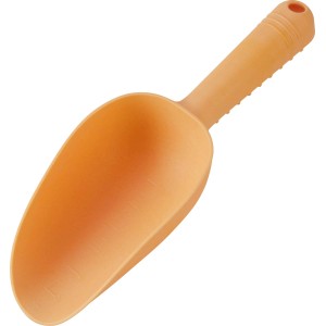 Pomarańczowa plastikowa łopatka ręczna ze skalą do prac ogrodowych.