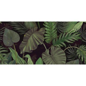 Dekoracyjny panel ścienny z tropikalnymi liśćmi w odcieniach zieleni.