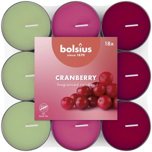 Bolsius Cranberry zapachowe świeczki tealight, 18 sztuk w kolorze zielonym, różowym i czerwonym. Owocowe świece zapachowe dla przyjemnej atmosfery.