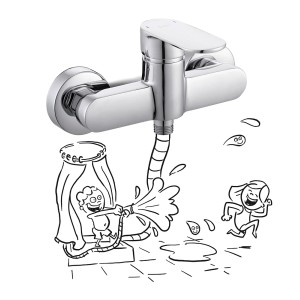 Bateria prysznicowa t.b.t. chromowana z zabawną ilustracją.