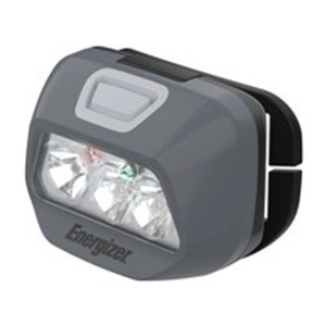 Szara latarka czołowa Energizer z trzema diodami LED i czarną opaską.