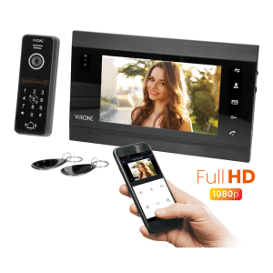 Zestaw monitoringu t.b.t. z wyświetlaczem, klawiaturą, smartfonem i kluczami do kontroli dostępu.