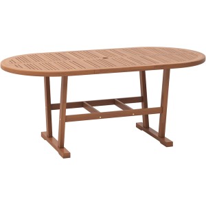 Owalny drewniany stół ogrodowy z listwowym wzorem i ramą.