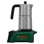 Ekspres akumulatorowy Bosch EasyMoka 18V-2 Inox ze stali nierdzewnej z zielono-czarną podstawą.