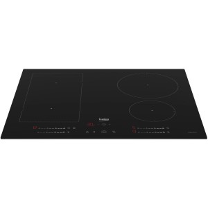 Czarna płyta indukcyjna Beko z dotykowym panelem sterowania i różnymi strefami gotowania.