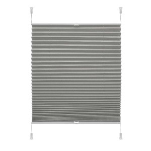 Szara roleta t.b.t. do okien, plisowana konstrukcja do regulacji światła i prywatności.