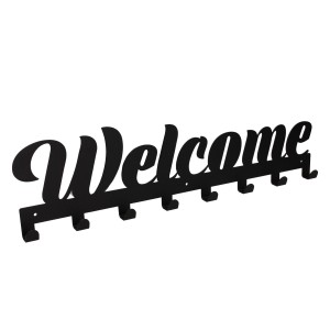 Czarny wieszak ścienny z napisem "Welcome" i 6 haczykami.