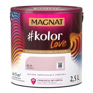 Puszka farby do wnętrz Magnat #kolor Love, różowa (KL33), 2,5L. Kolorowa farba do ścian wewnętrznych.