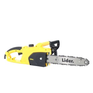 Żółta piła łańcuchowa elektryczna Lider do prac w drewnie w ogrodzie.
