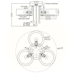 Rysunek techniczny plafonu t.b.t. z wymiarami i szczegółami dotyczącymi LED, szkła i klosza.