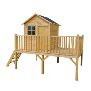 Drewniany domek do zabawy t.b.t. z platformą i drabinką do ogrodu.
