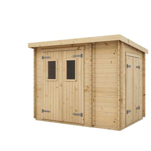 Drewniany domek ogrodowy z podwójnymi drzwiami i małym oknem.