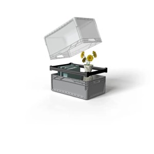 Szary Eurobox 60x40x32 cm z akcesoriami: pokrywa, rama i roślina. Modułowy system przechowywania.