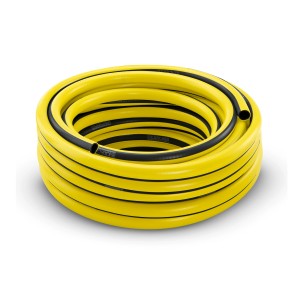 Żółty wąż ogrodowy Kärcher, zwinięty.