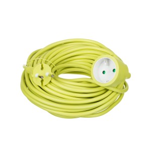 Żółty przedłużacz t.b.t., zwinięty z wtyczką i gniazdem.