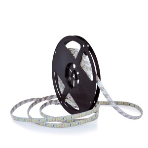 Zwinięta taśma LED t.b.t. na czarnej szpuli. Elastyczna listwa oświetleniowa do użytku wewnętrznego.