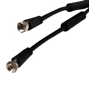 Czarny kabel antenowy z wtykami F do TV i systemów satelitarnych.