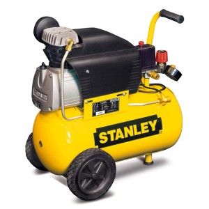Żółty kompresor Stanley z kołami do użytku mobilnego.