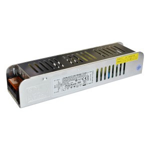 Zasilacz do taśm LED, metalowa obudowa z otworami wentylacyjnymi.
