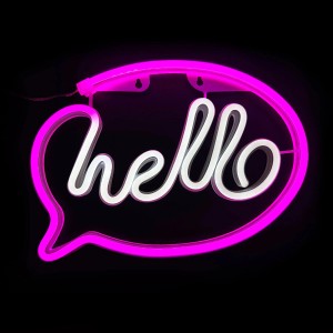 Różowa lampa ścienna LED w kształcie dymka z napisem 'hello'.