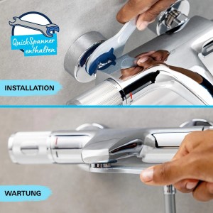 System prysznicowy Grohe QuickFix Vitalio Joy 260 chrom z QuickSpanner do instalacji i konserwacji.