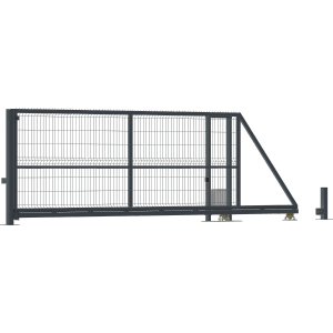 Szara brama przesuwna do paneli i ogrodzeń, widok z boku.