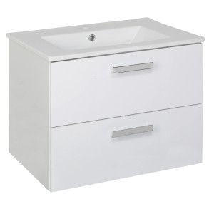 Biała szafka pod umywalkę t.b.t. z dwiema szufladami i umywalką nablatową.