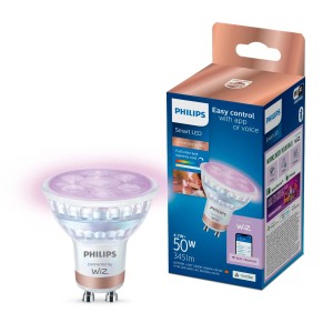 Żarówka LED GU10 Philips ze zmianą koloru i funkcją WiZ, obok opakowania produktu.