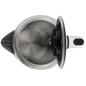 Widok wnętrza czajnika t.b.t. ze stali nierdzewnej z otwartą pokrywką.