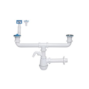 Biały syfon do zlewu z różnymi elementami i złączami.