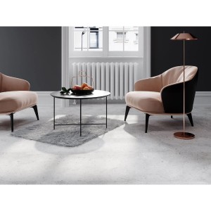 Jasna podłoga w salonie z meblami. Płytki podłogowe tworzą nowoczesną atmosferę.