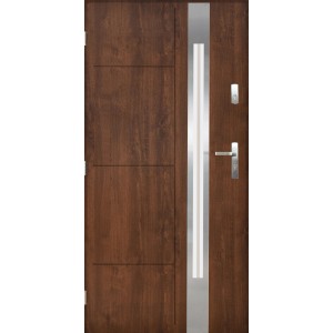 Nowoczesne drzwi zewnętrzne w kolorze drewna z wąską wstawką szklaną i okuciami ze stali nierdzewnej.