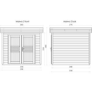 Rysunek techniczny domku drewnianego t.b.t. z wymiarami widoku z przodu i z boku.