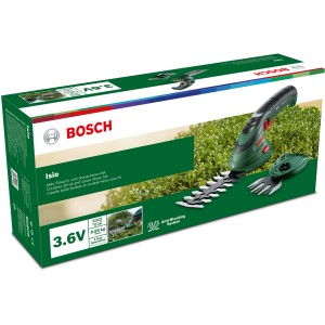 Zestaw akumulatorowych nożyc do trawy i krzewów Bosch Isio, z ostrzami w pudełku.
