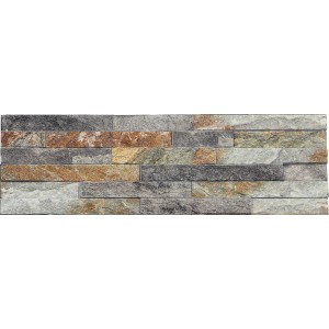 Dekoracyjna okładzina ścienna imitująca kamień w odcieniach szarości, brązu i beżu.