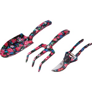 3-częściowy zestaw narzędzi ogrodowych z motywem kwiatowym: łopatka, grabie i sekator.