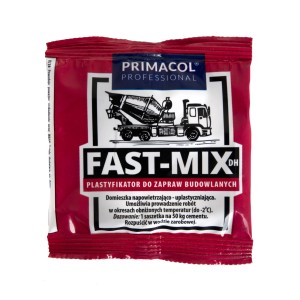 Primacol Fast-Mix DH plastyfikator do zapraw budowlanych w czerwonej torebce.