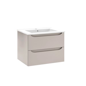 Szafka pod umywalkę t.b.t. w kolorze taupe z dwiema szufladami i białą umywalką.