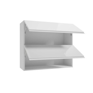 Biała szafka wisząca z dwoma otwieranymi klapami do zestawu mebli kuchennych.